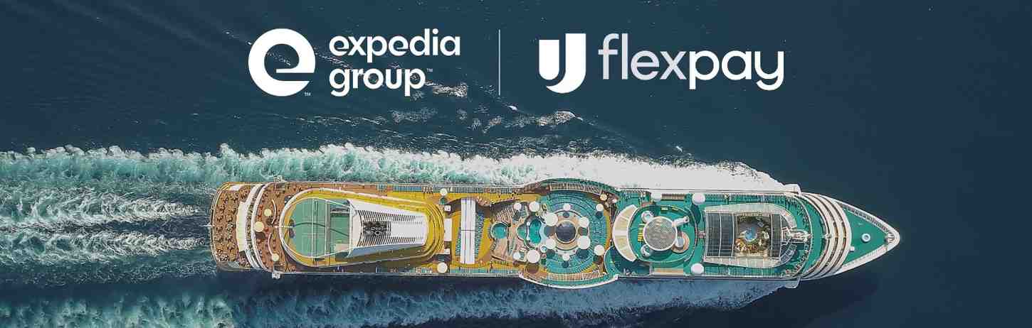 cruise ship cutting through water with flex pay and expedia group logos above