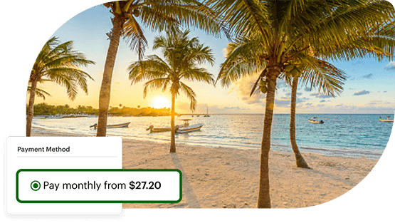 An idyllic beach and examples of monthly Flex Pay payments.