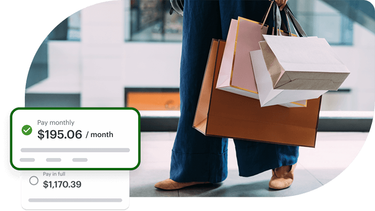 A shopper with shopping bags overlaid with example monthly Flex Pay payments.